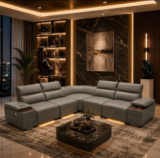 Grey smart leather corner couch led lights bluetooth, wireless charging, recliners 