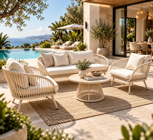 Beige outdoor lounge set with coffee table
