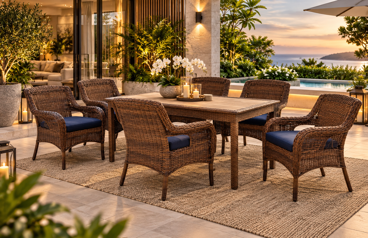 A 7-piece outdoor patio dining set featuring a rectangular wicker table and six matching armchairs.
