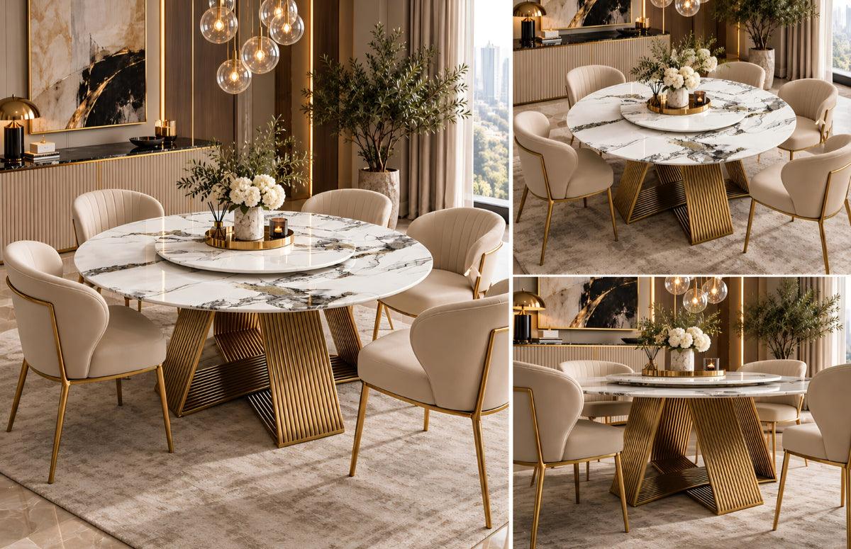 Gold round dining table white top lazy susan