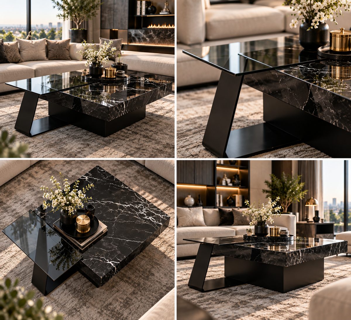 Nested black marble square coffee table 