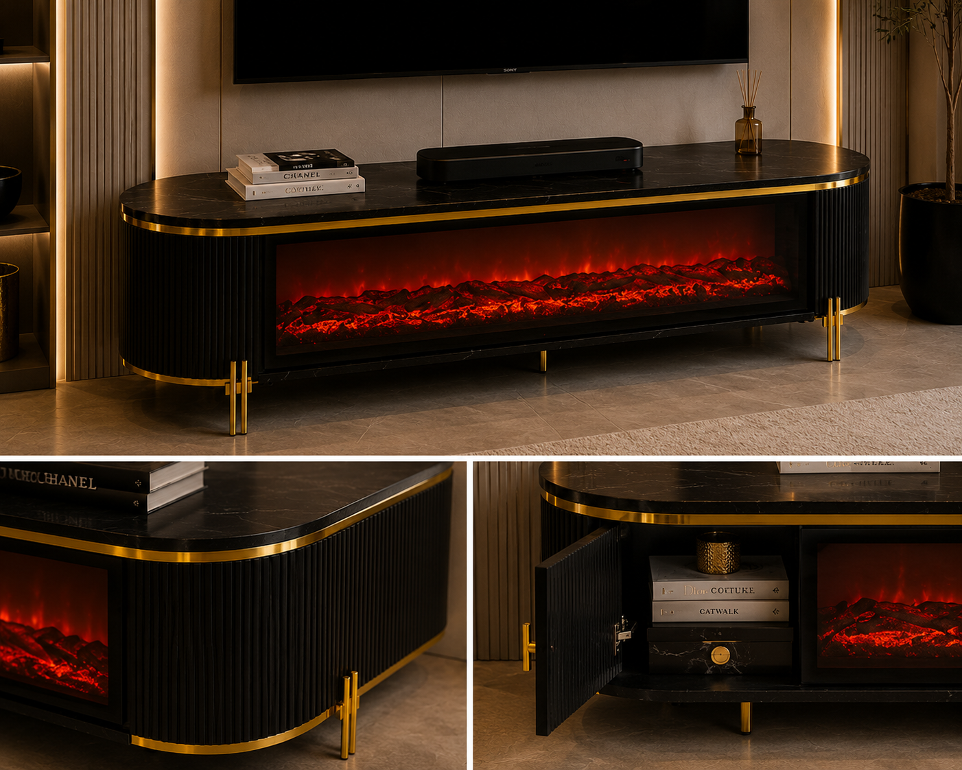 Black and gold plasma tv stand with fireplace 