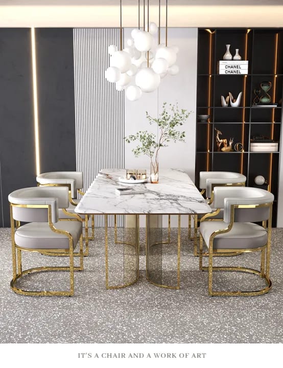 White and gold marble 6 seater dining set leather chairs 