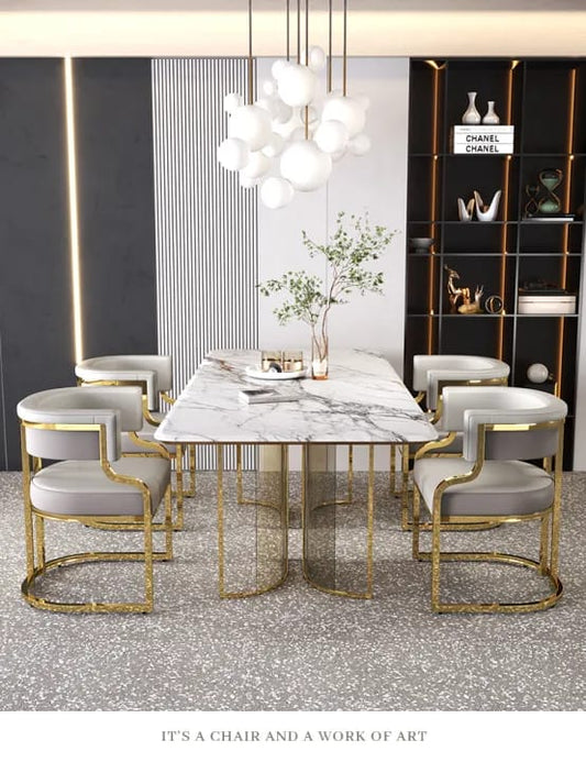 White and gold marble 6 seater dining set leather chairs 