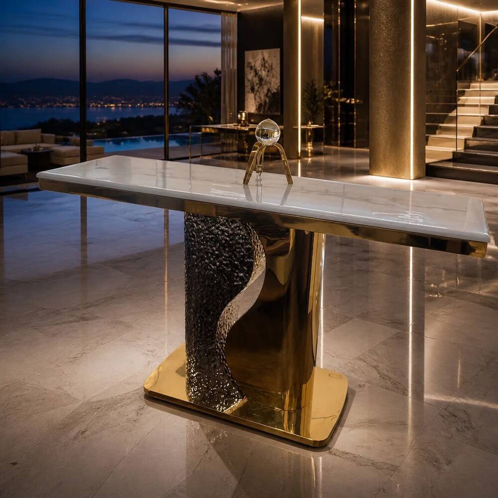 Wave design console table silver gold marble