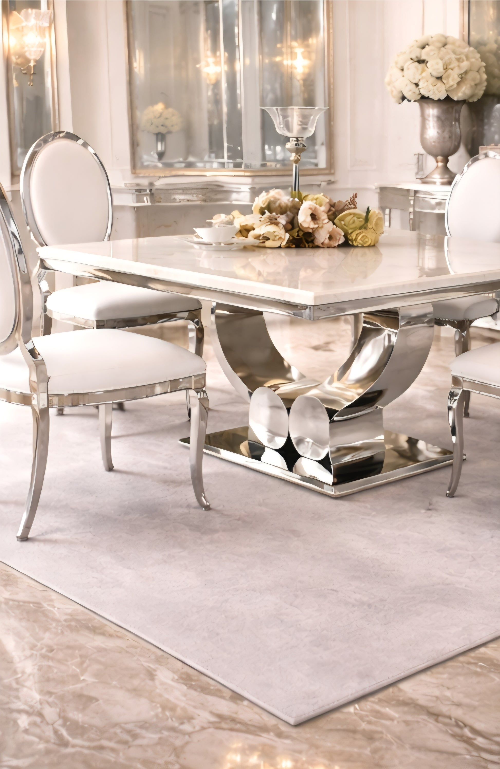 White and silver marble dining set 