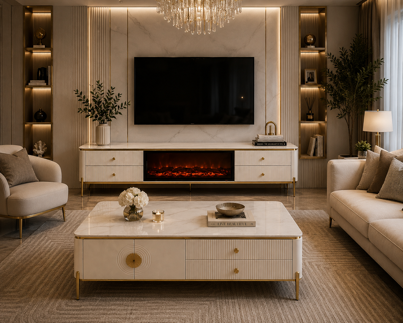 White and gold tv stand plasma stand with fireplace