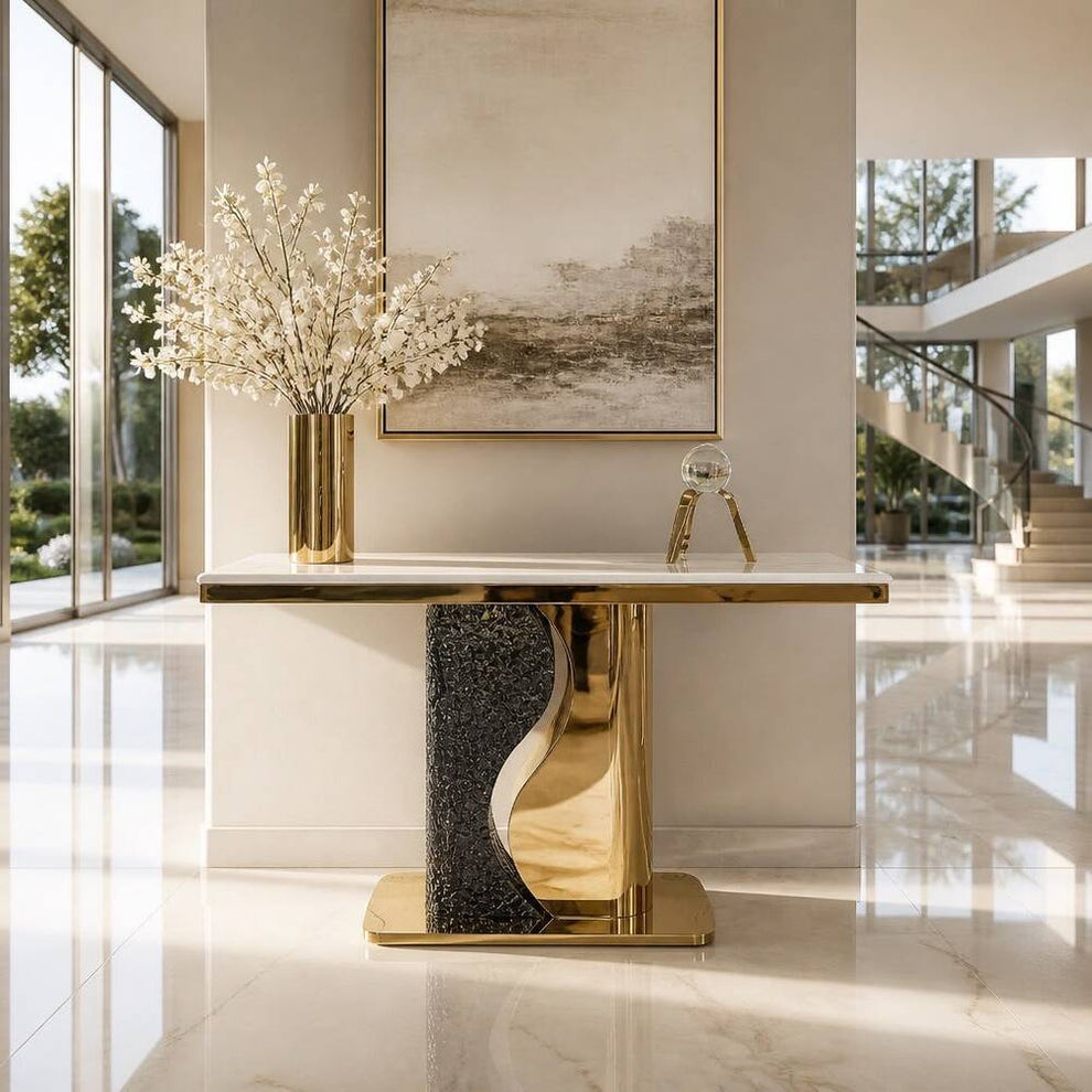 Wave design console table silver gold marble