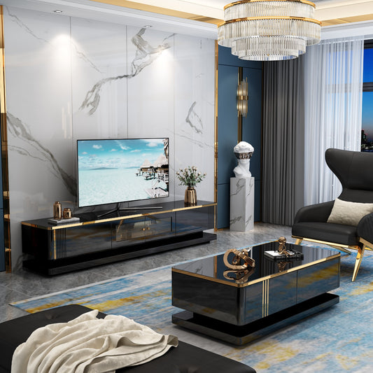 black and gold tv unit and coffee table set