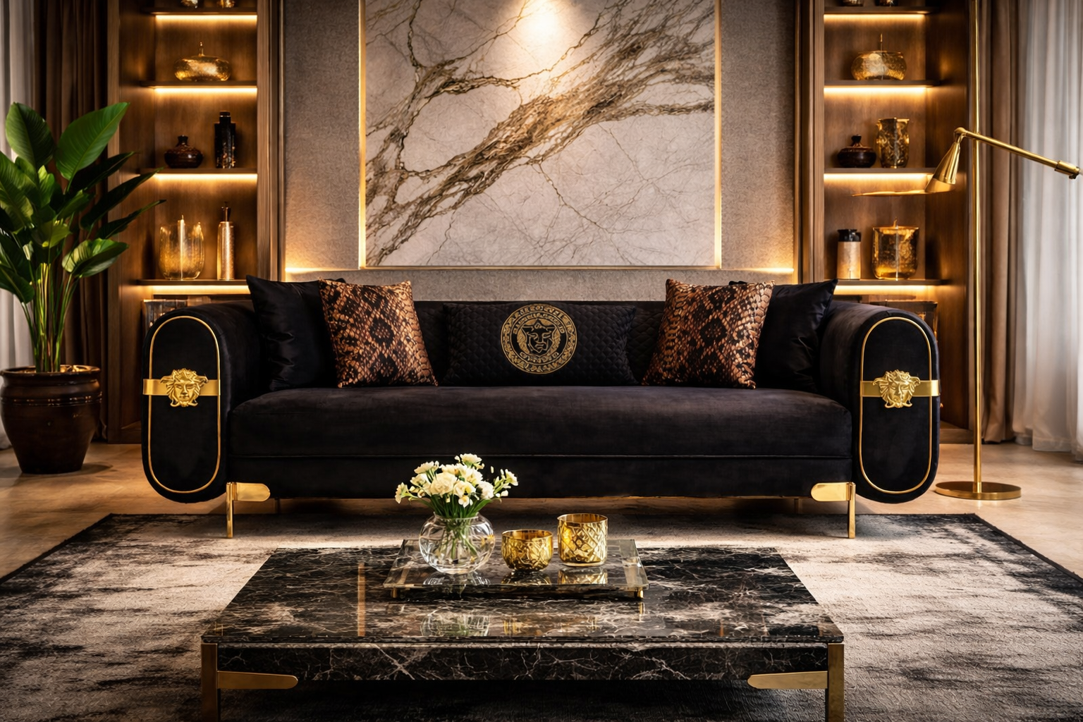 Black Versace Luxury lounge set designer couches 