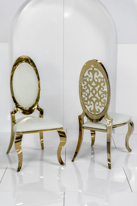 White and gold leather dining chairs 