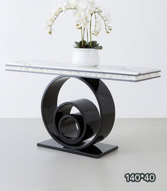 Modern console table with marble top and black spiral base