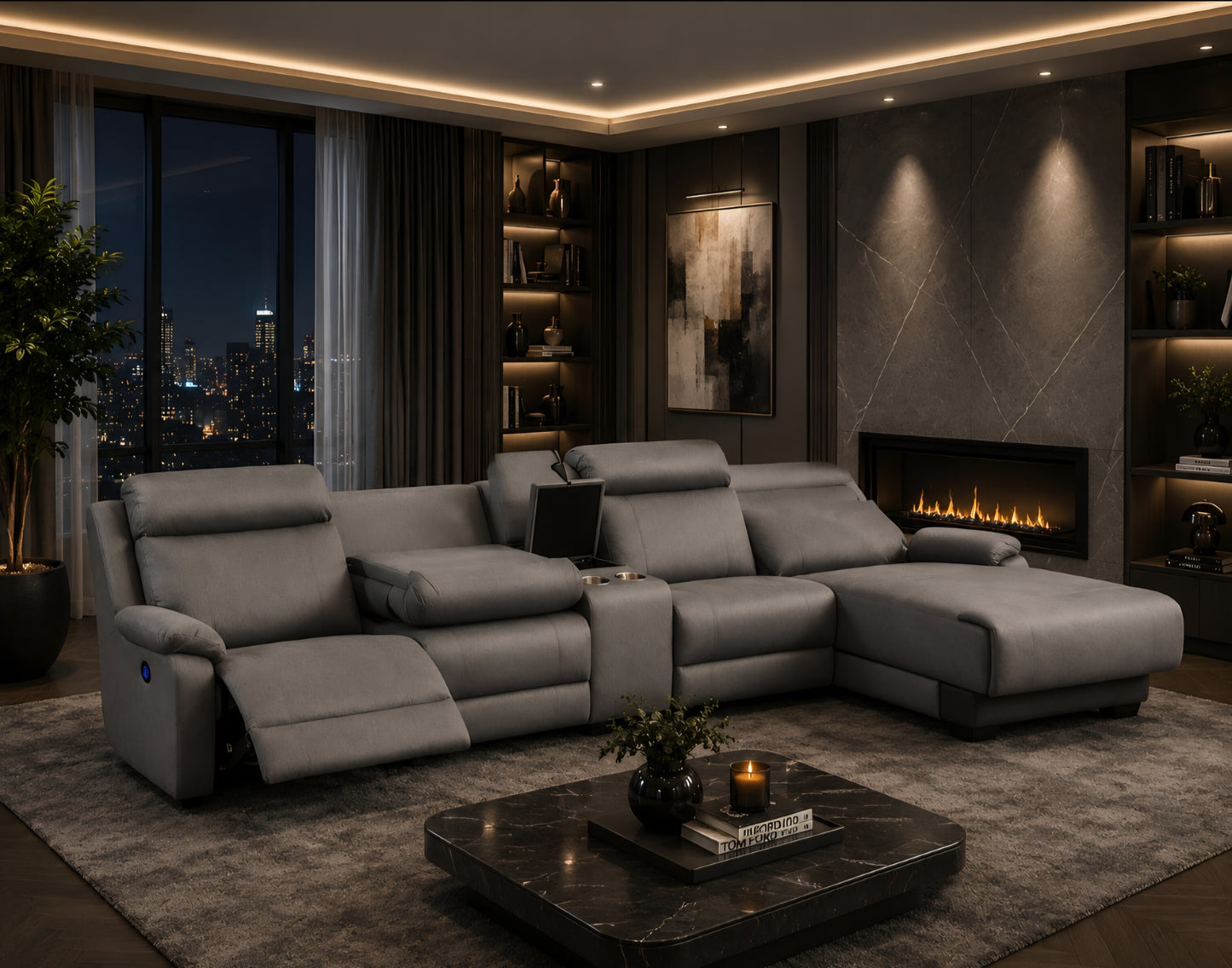 Grey electric recliner with day bed l-shape corner suite
