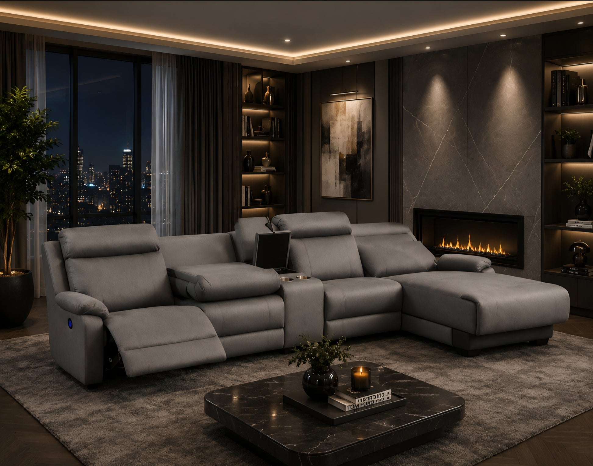 Grey electric recliner with day bed l-shape corner suite