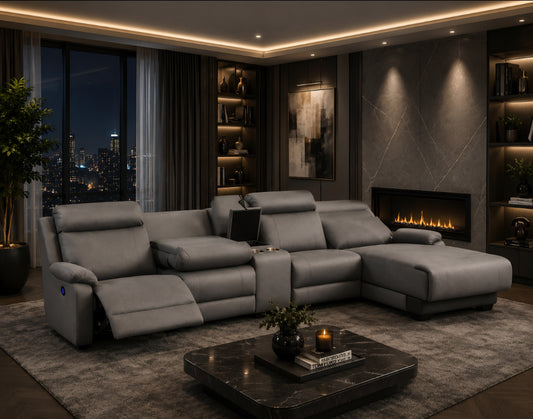 Grey electric recliner with day bed l-shape corner suite
