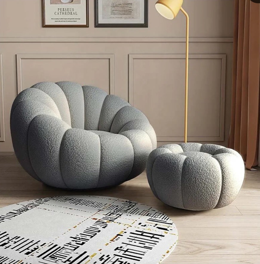 Boucle grey lazy chair with ottoman