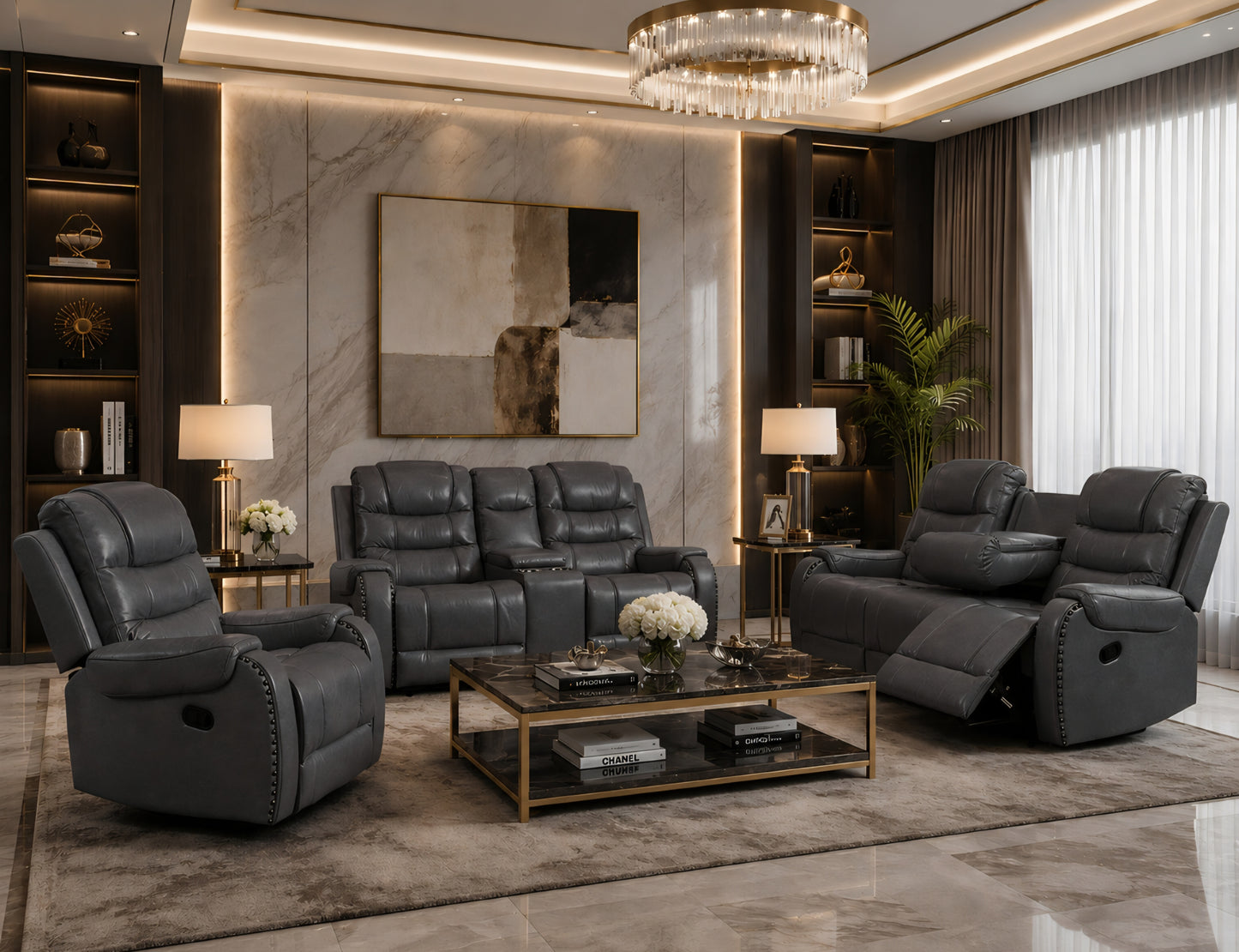 Grey leather recliner couches