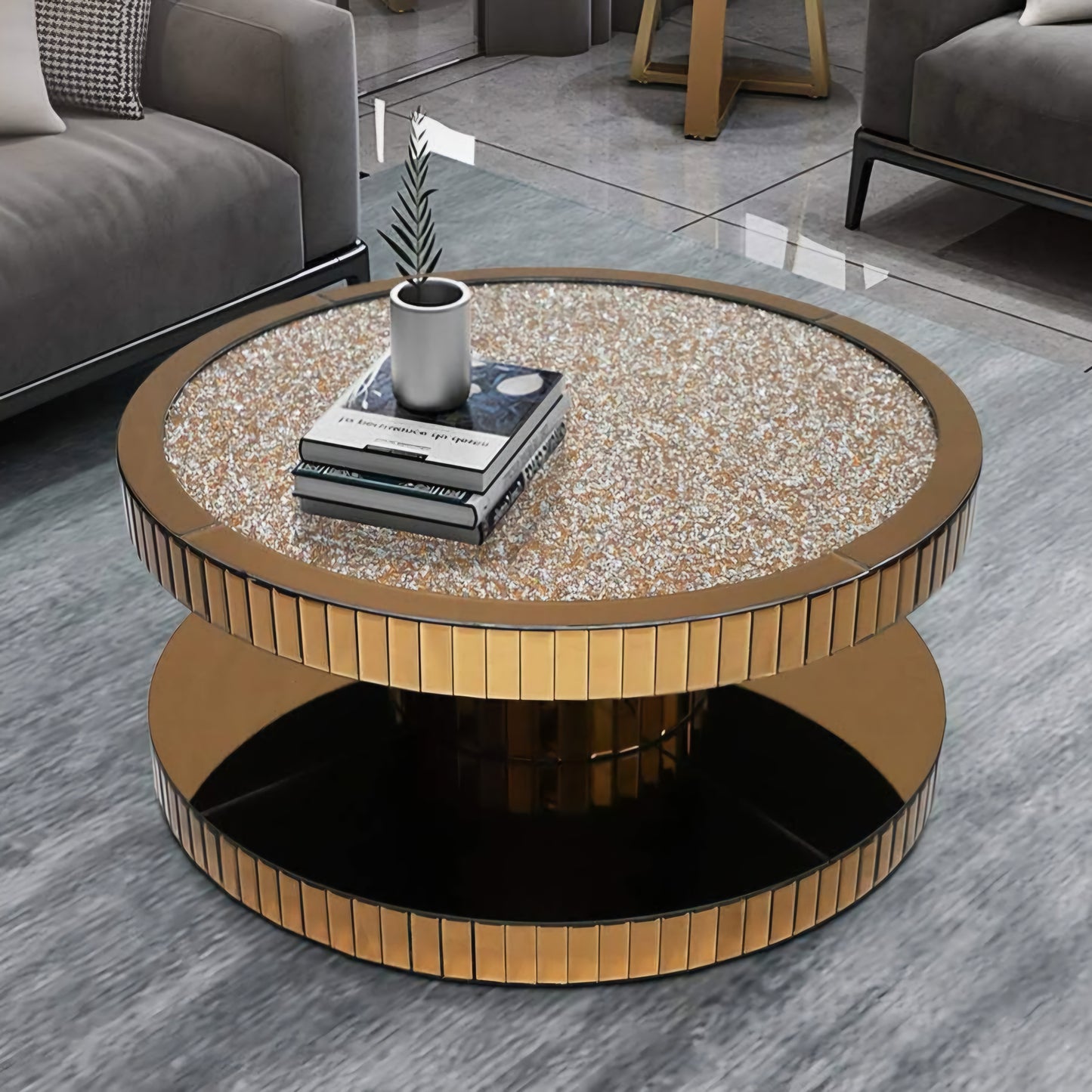 Crushed diamond mirror coffee table rose gold