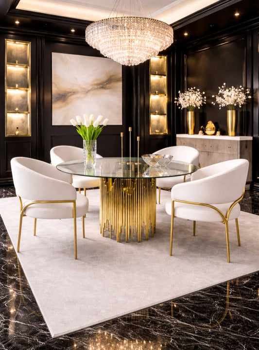 Round gold dining table glass top 4 seater set