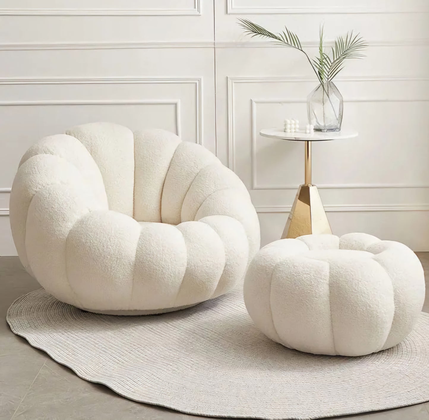 Boucle white lazy chair with ottoman 