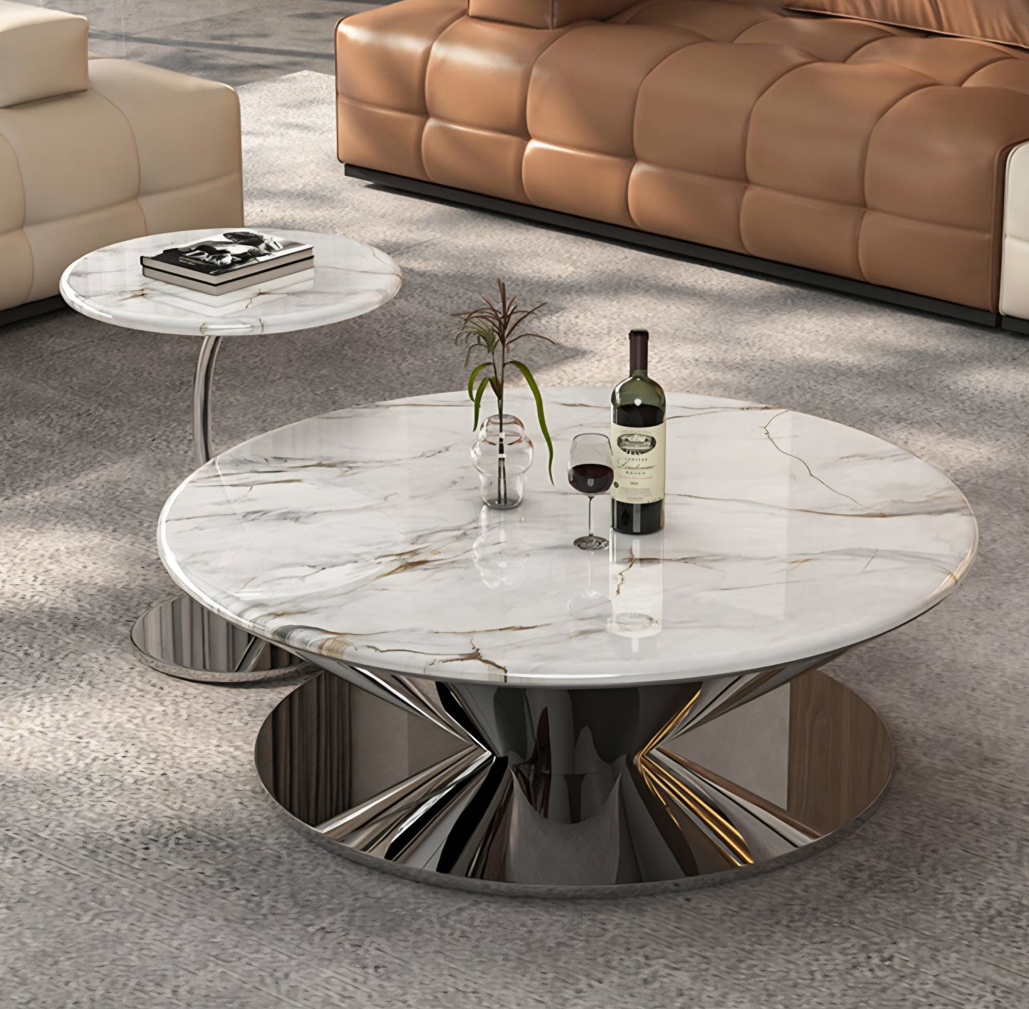 Silver marble round coffee table set 