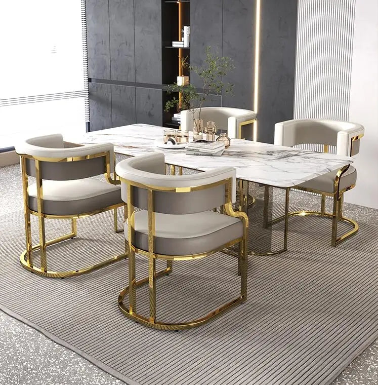 White and gold marble 6 seater dining set leather chairs 