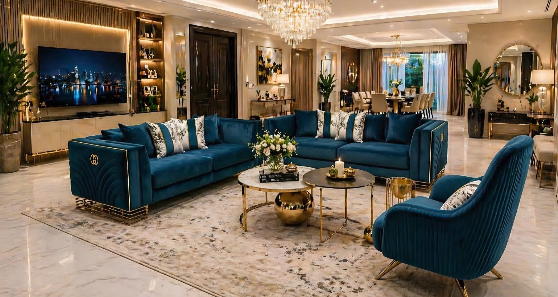 Blue Gucci designer lounge set couches 