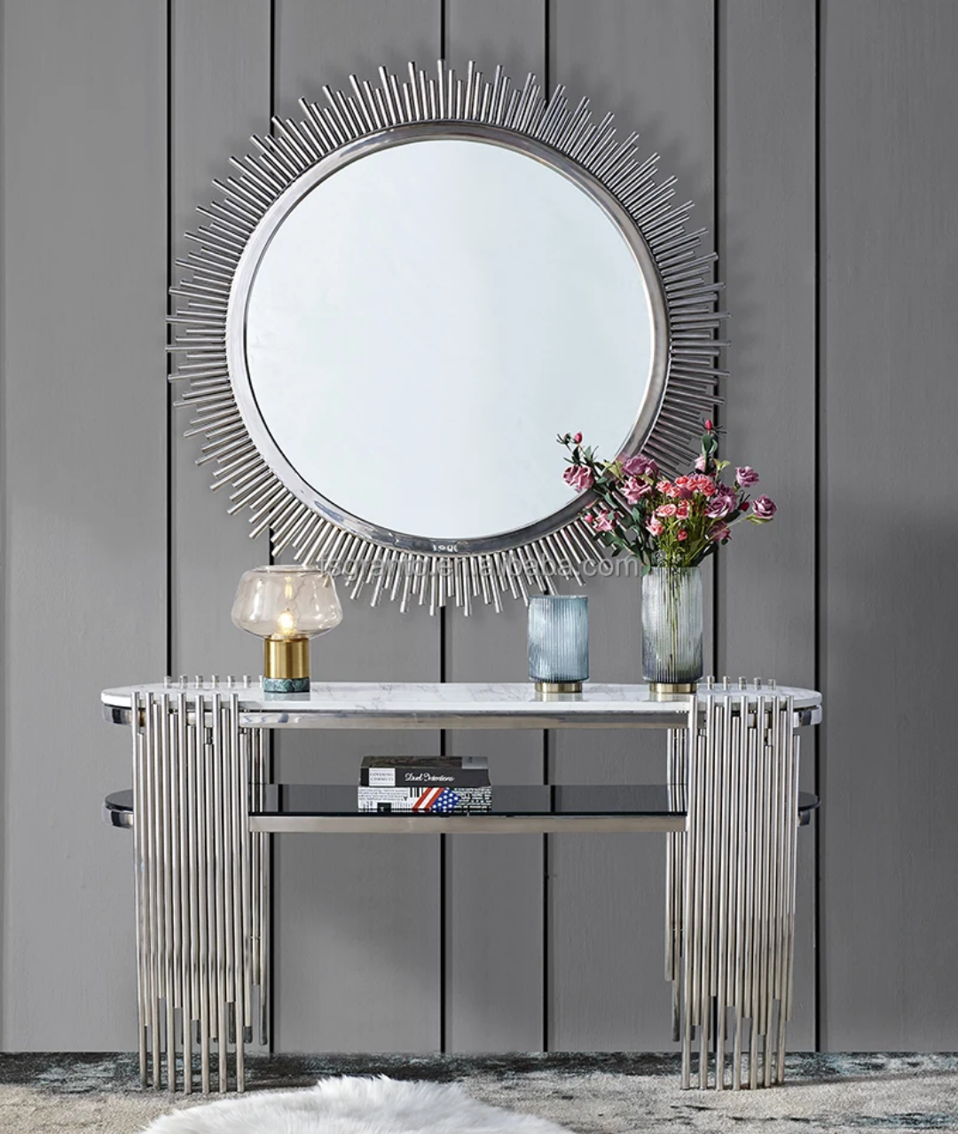 Silver marble console mirror set