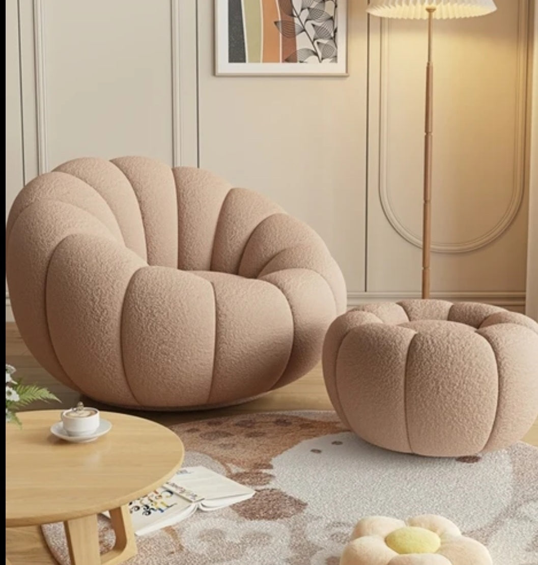 Boucle beige lazy chair with ottoman