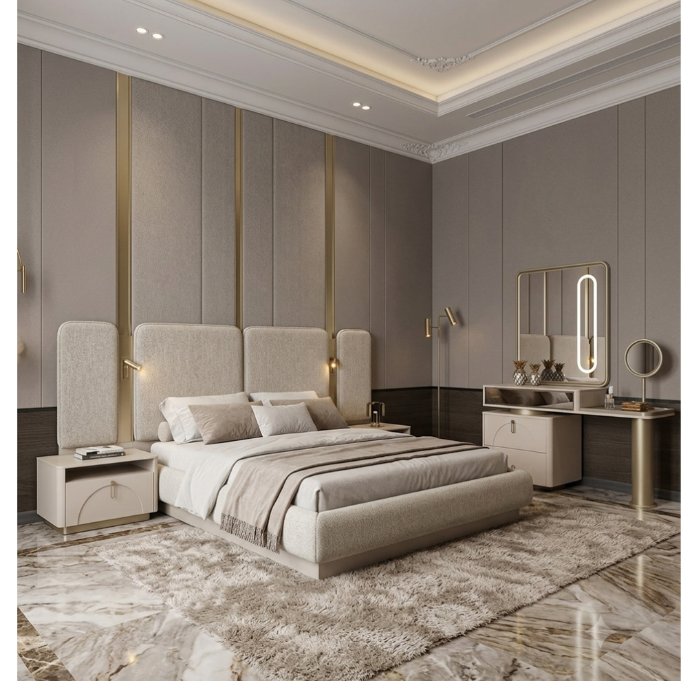 Luxury cream and golf bedroom suite with pedestals storage base