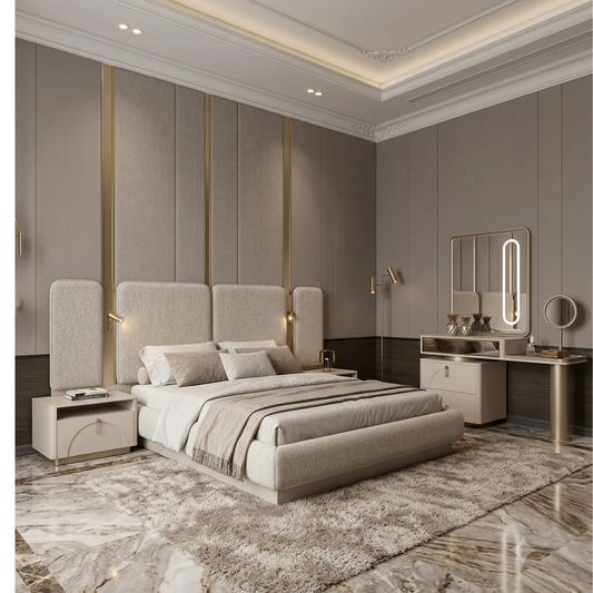 Luxury cream and golf bedroom suite with pedestals storage base