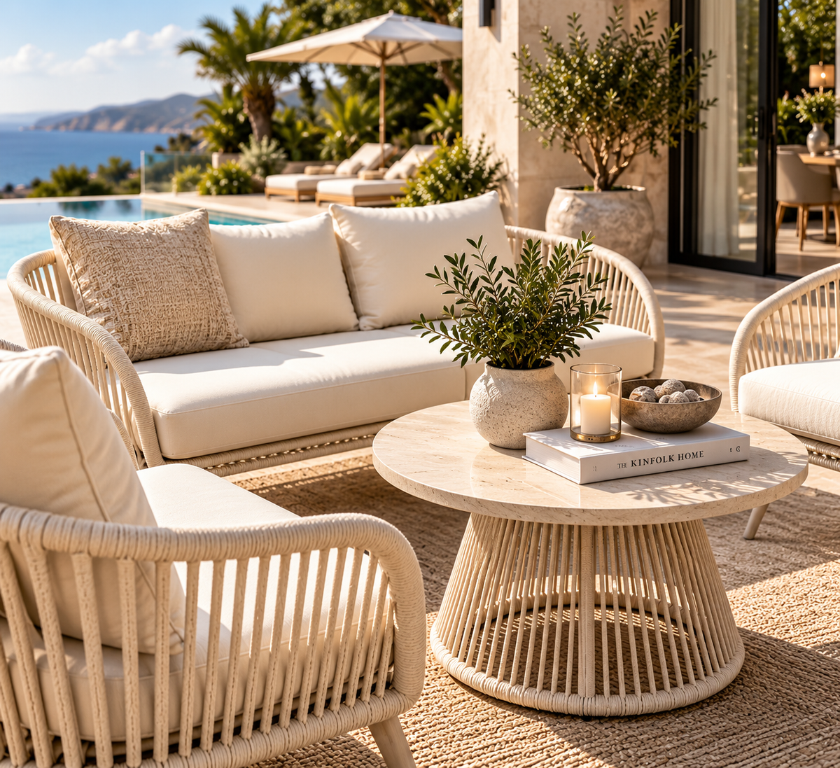Beige outdoor lounge set with coffee table