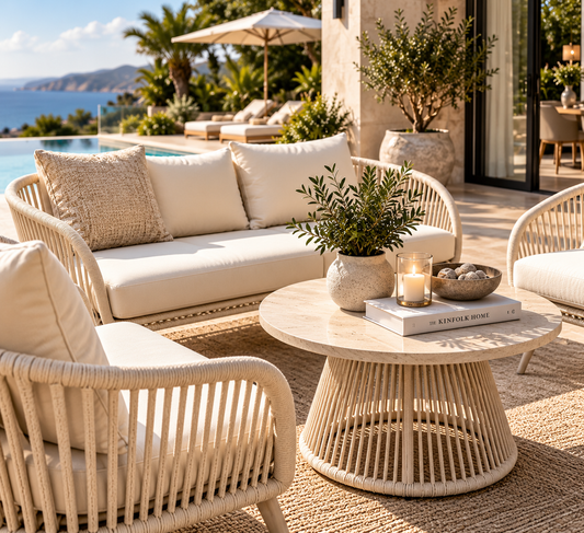Beige outdoor lounge set with coffee table