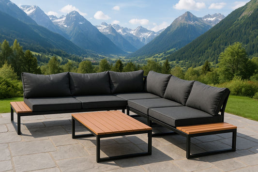 Black corner patio lounge setup with coffee table