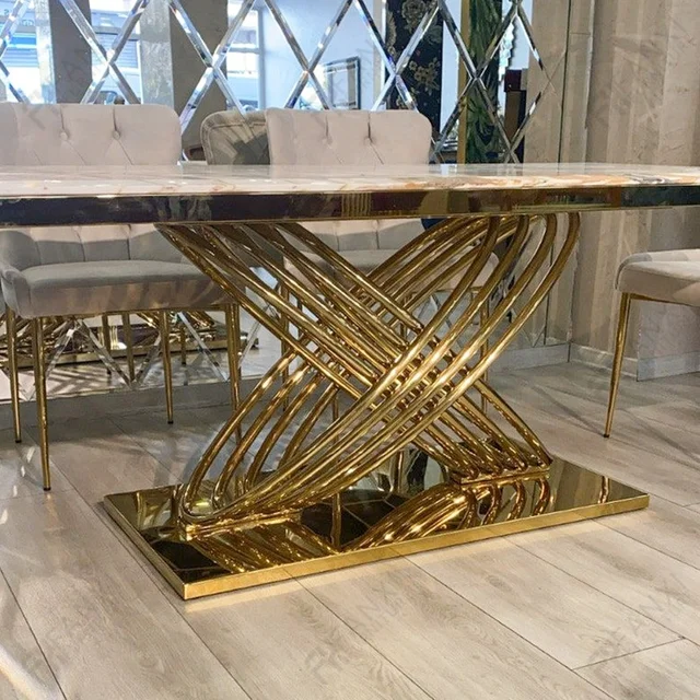 Gold stainless steel dining table marble top