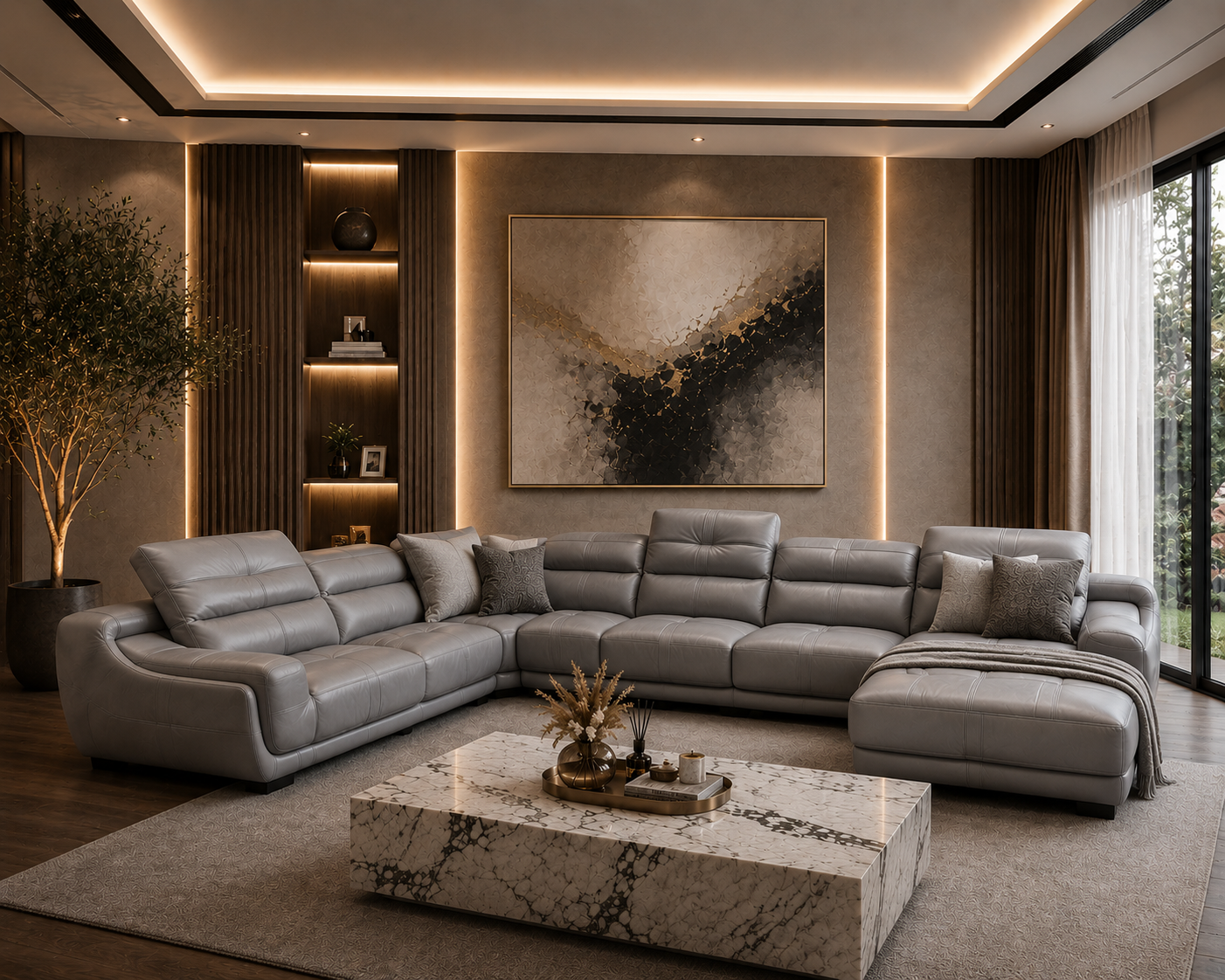 Genuine leather corner lounge suite grey