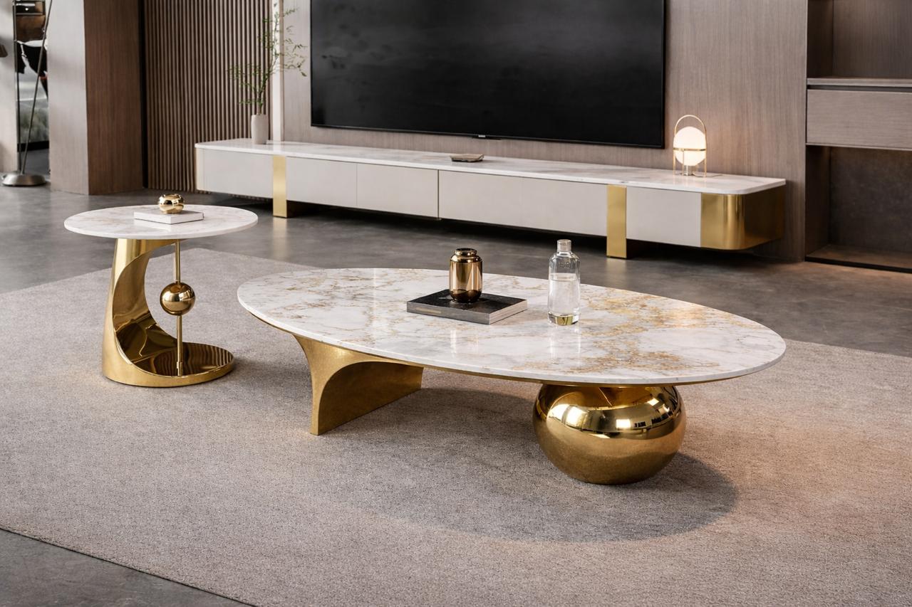 Gold ball marble coffee table with side table