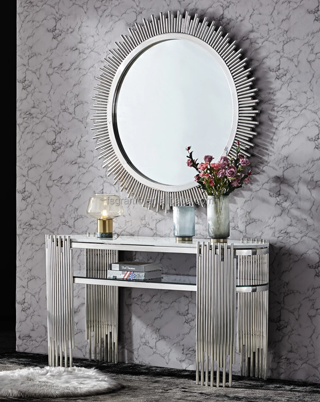 Silver marble console mirror set