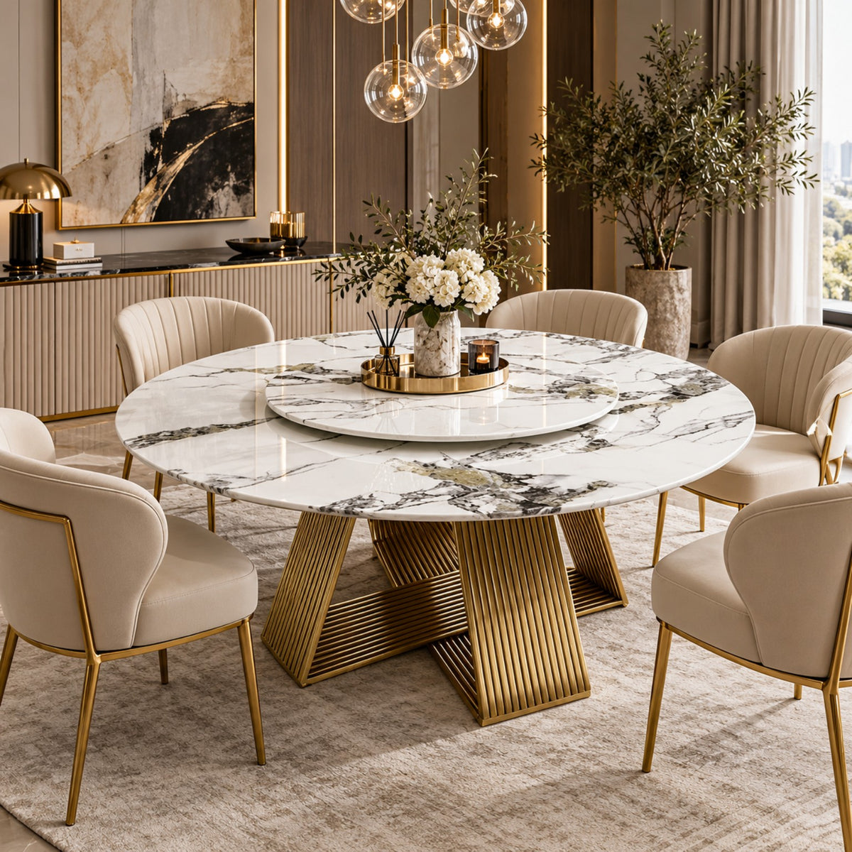 Gold round dining table white top lazy susan