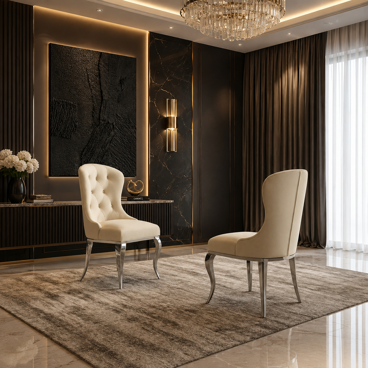 Cream leather dining chairs silver legs