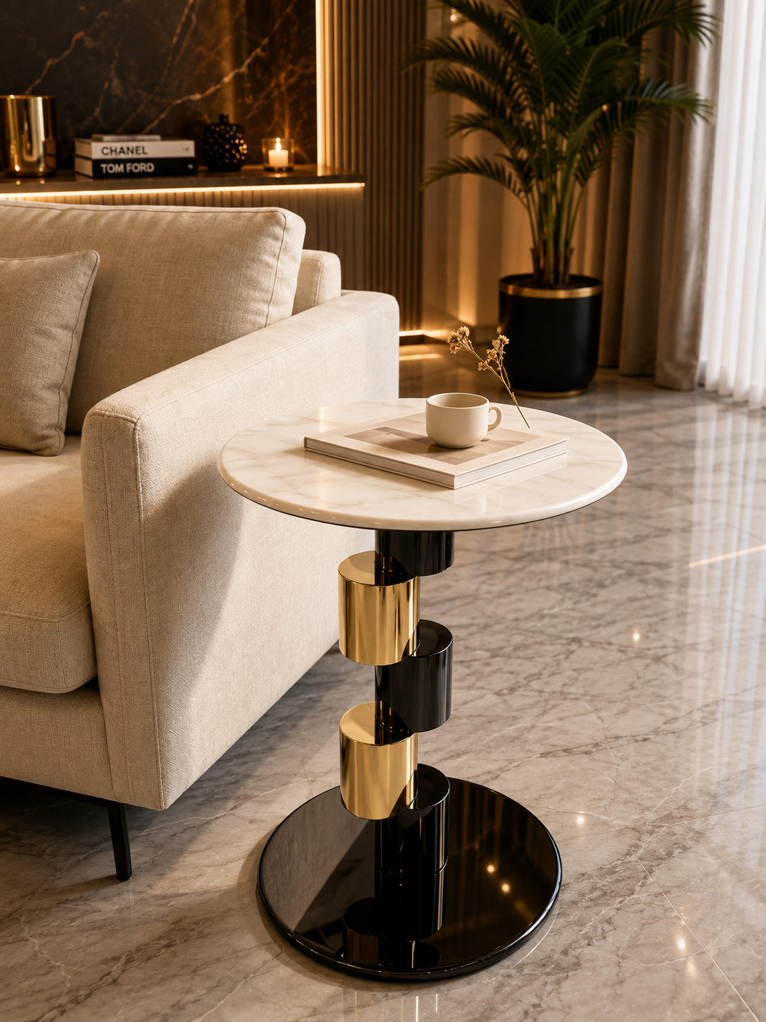A modern round side table with a white marble top, a glossy black circular base, and cylindrical gold and black metal column accents.