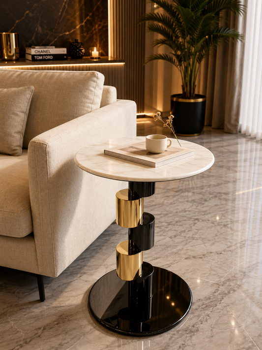 A modern round side table with a white marble top, a glossy black circular base, and cylindrical gold and black metal column accents.