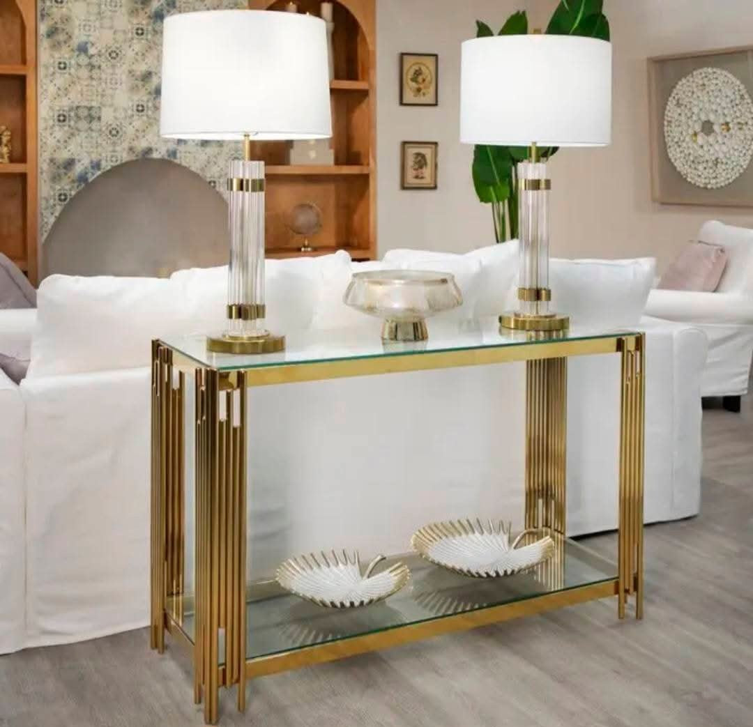 Gold server console table with glass