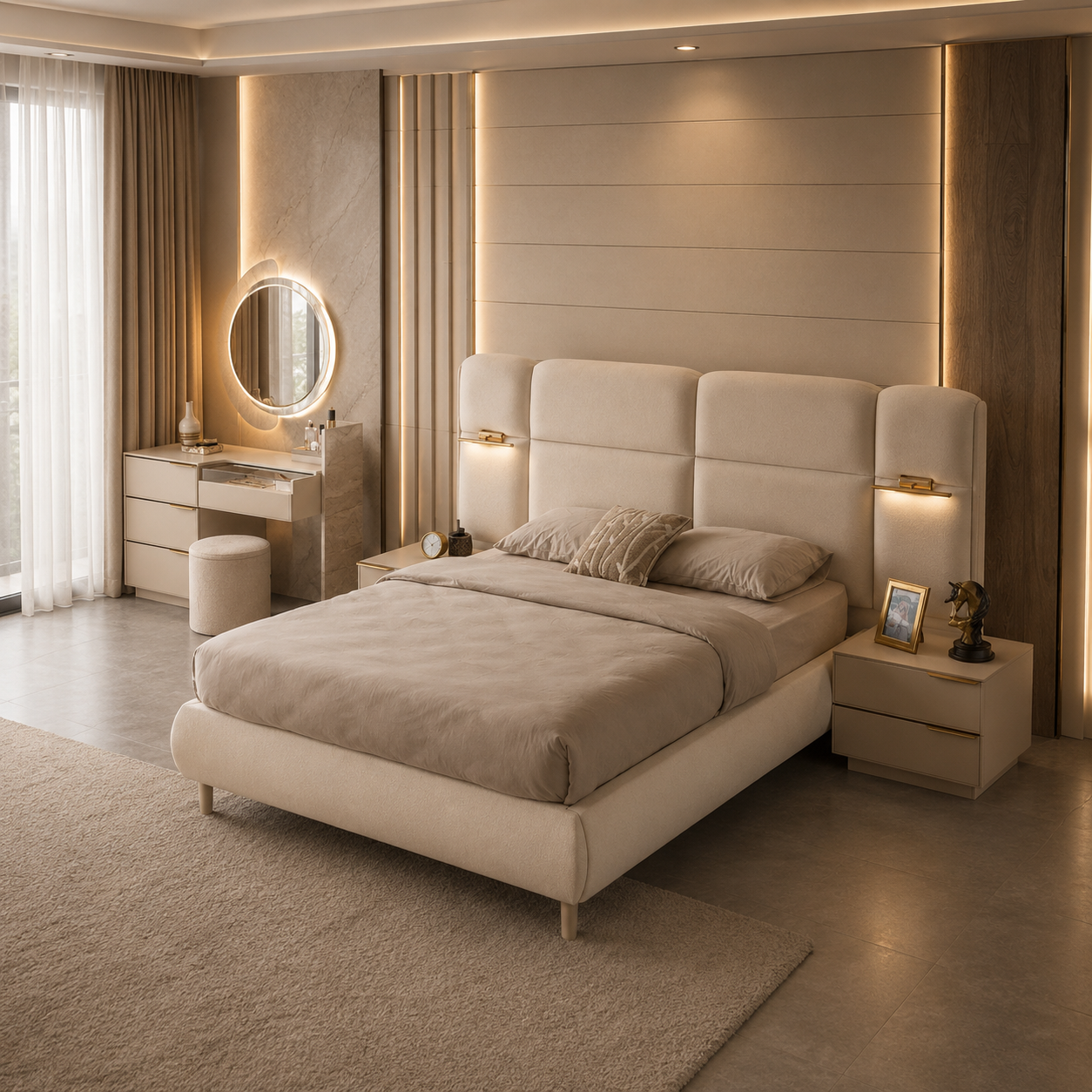 Cream bedroom suite with lights storage base pedestals 
