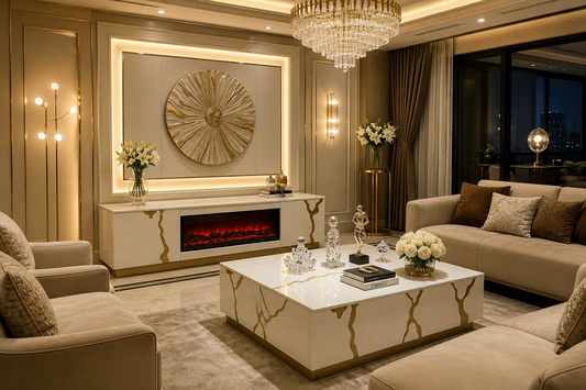 Fireplace tv stand plasma unit white gold 