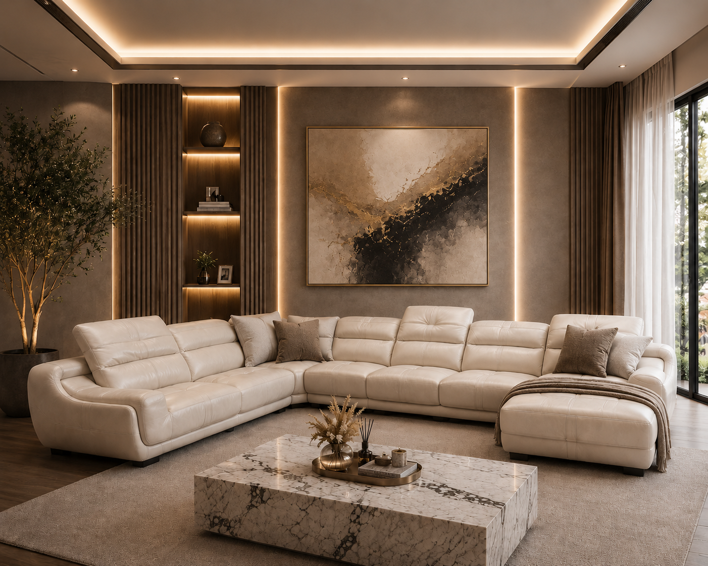 Genuine leather corner lounge suite white cream 