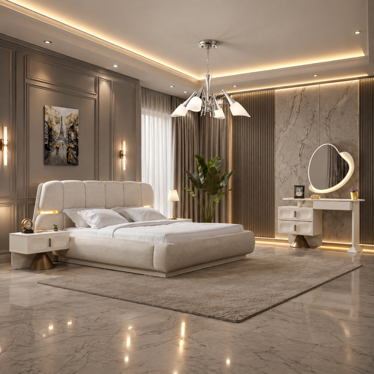 Luxury turkish bedroom suite cream with pedestals storage base 