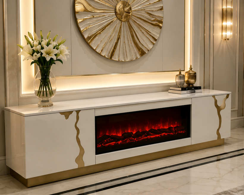Fireplace tv stand plasma unit white gold 