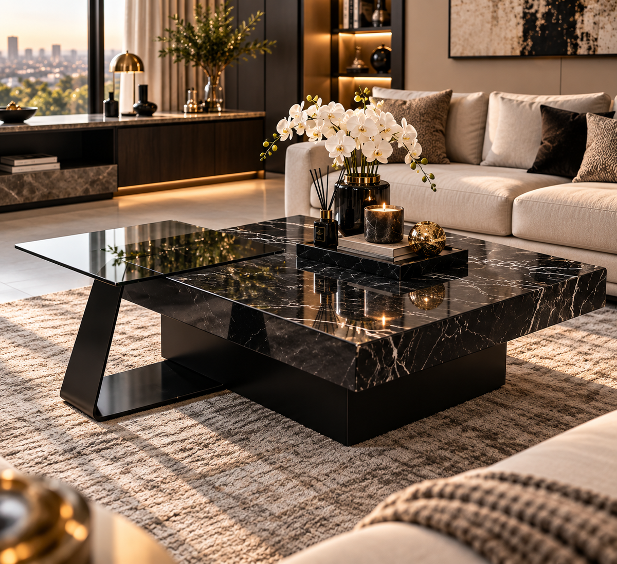 Nested black marble square coffee table 