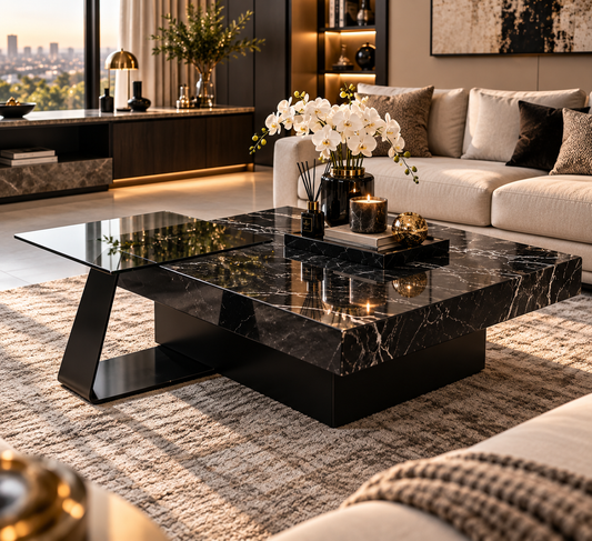 Nested black marble square coffee table 